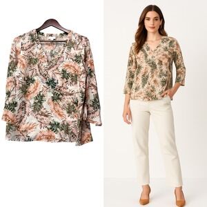 J.Jill Love Linen Palm Print Top M Petite 100% Linen Tropical Vacation Boho